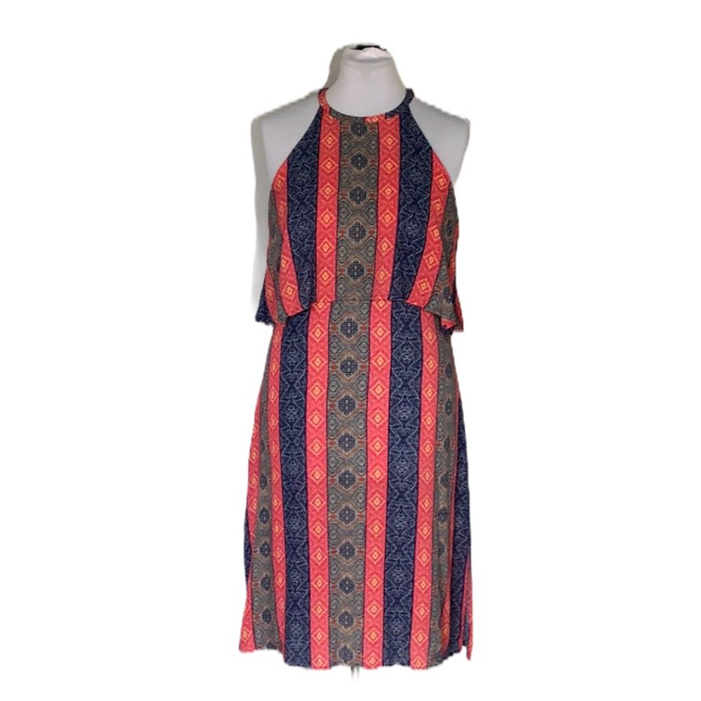 EN CREME RED BLUE HALTER DRESS SIZE L